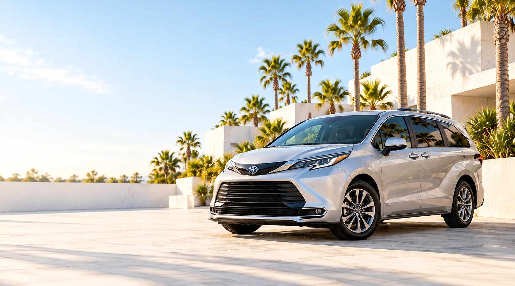 Silver Toyota Sienna in a sunny California setting, concept photography